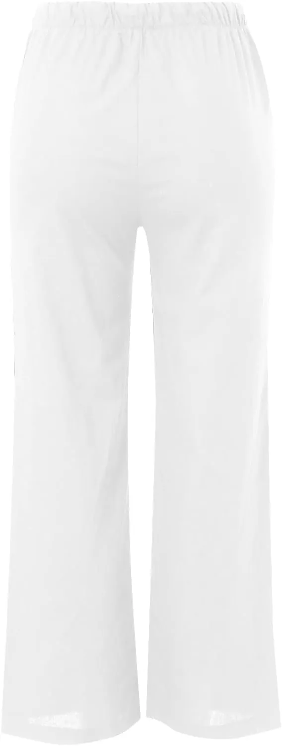 Women's Cotton Linen Pants Summer Palazzo Pant Flowy Wide Leg Beach Trousers with Pockets