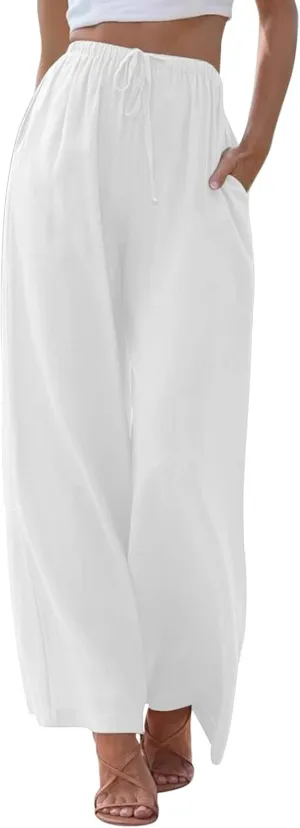 Women's Cotton Linen Pants Summer Palazzo Pant Flowy Wide Leg Beach Trousers with Pockets