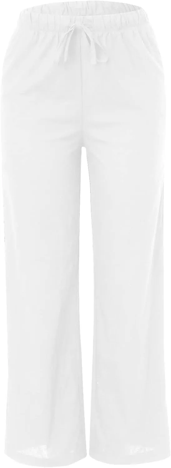 Women's Cotton Linen Pants Summer Palazzo Pant Flowy Wide Leg Beach Trousers with Pockets