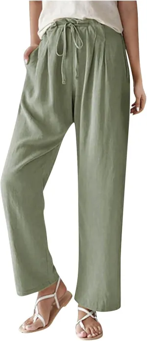 Women's Cotton Linen Pants Summer Wide Leg Casual Loose Drawstring High Waist Palazzo Trousers Pants Tie Knot Lounge