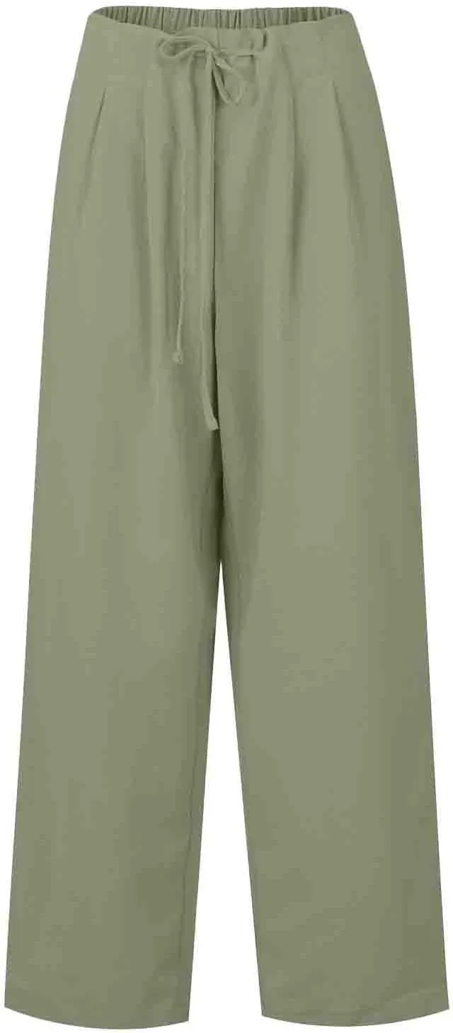 Women's Cotton Linen Pants Summer Wide Leg Casual Loose Drawstring High Waist Palazzo Trousers Pants Tie Knot Lounge