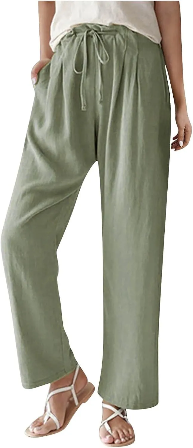Women's Cotton Linen Pants Summer Wide Leg Casual Loose Drawstring High Waist Palazzo Trousers Pants Tie Knot Lounge
