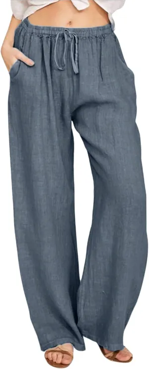 Womens Cotton Linen Pants Wide Leg Summer Casual Loose Drawstring High Waist Trousers Lightweight Palazzo Pants Pockets
