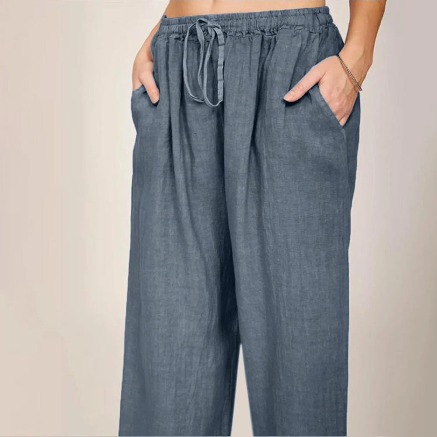Womens Cotton Linen Pants Wide Leg Summer Casual Loose Drawstring High Waist Trousers Lightweight Palazzo Pants Pockets