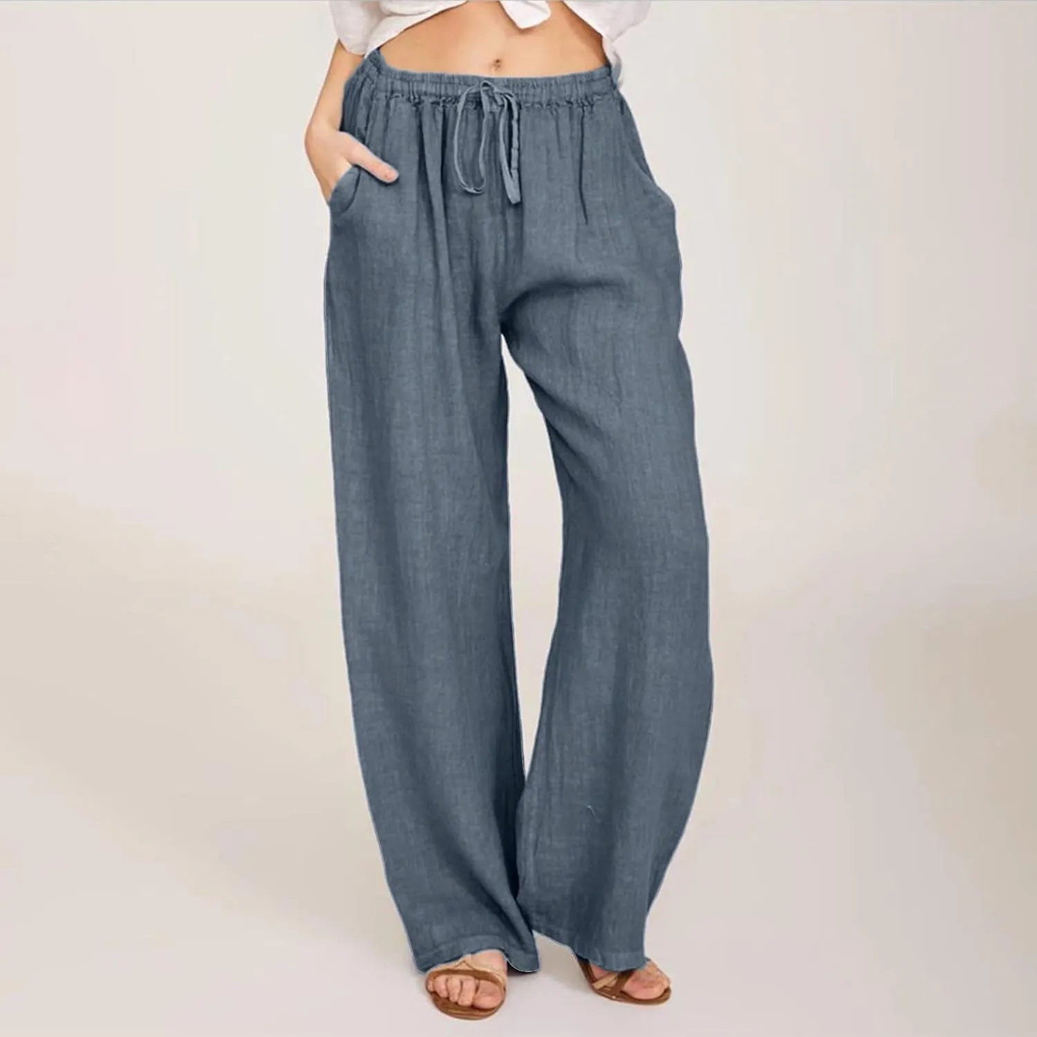 Womens Cotton Linen Pants Wide Leg Summer Casual Loose Drawstring High Waist Trousers Lightweight Palazzo Pants Pockets