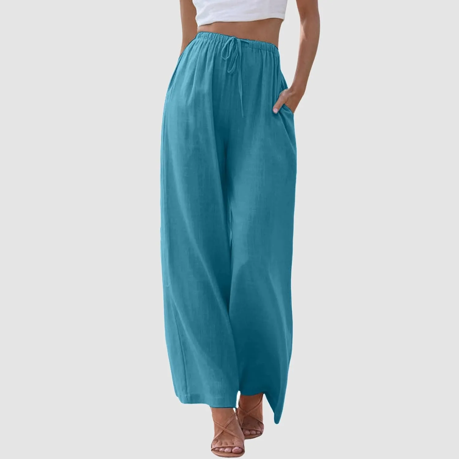 Women's Cotton Linen Summer Palazzo Pants Flowy High Waisted Comfy Wide Straight Leg Pants Beach Trousers with Pockets