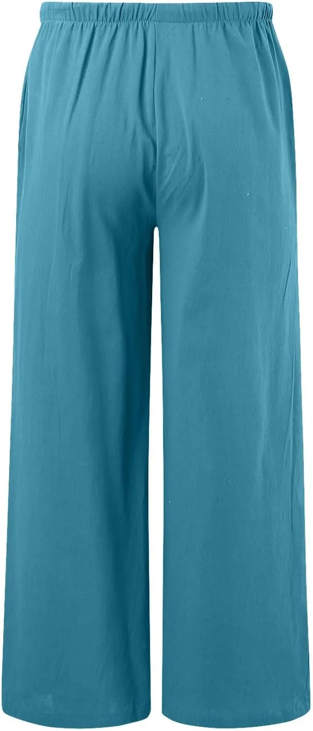 Women's Cotton Linen Summer Palazzo Pants Flowy High Waisted Comfy Wide Straight Leg Pants Beach Trousers with Pockets