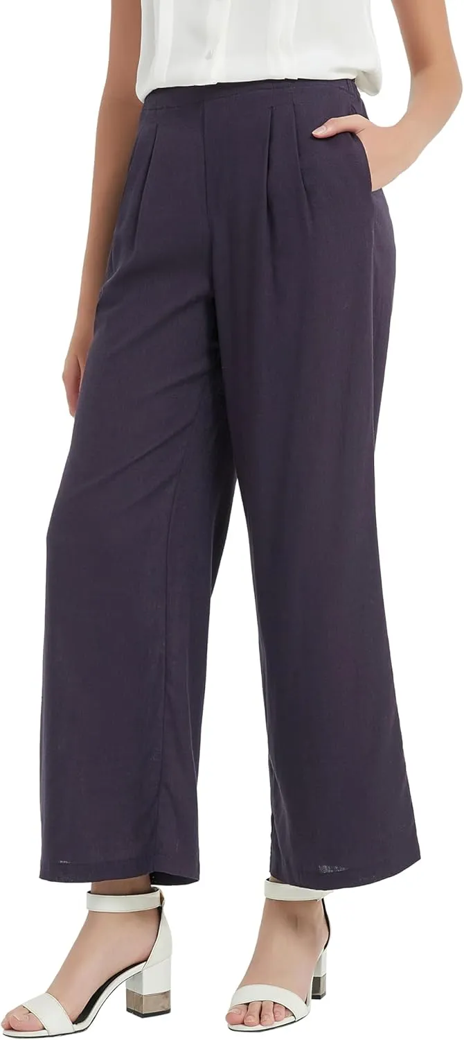 Womens Cotton Linen Wide Leg Pants Summer Flowy Beach Casual Loose Trousers with Pockets
