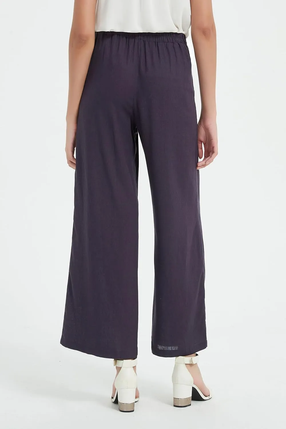 Womens Cotton Linen Wide Leg Pants Summer Flowy Beach Casual Loose Trousers with Pockets