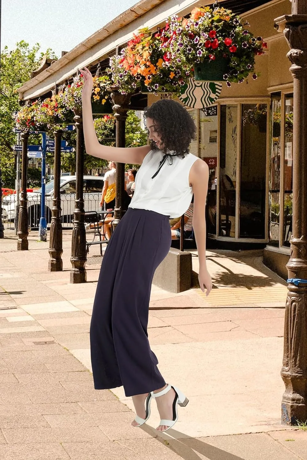 Womens Cotton Linen Wide Leg Pants Summer Flowy Beach Casual Loose Trousers with Pockets