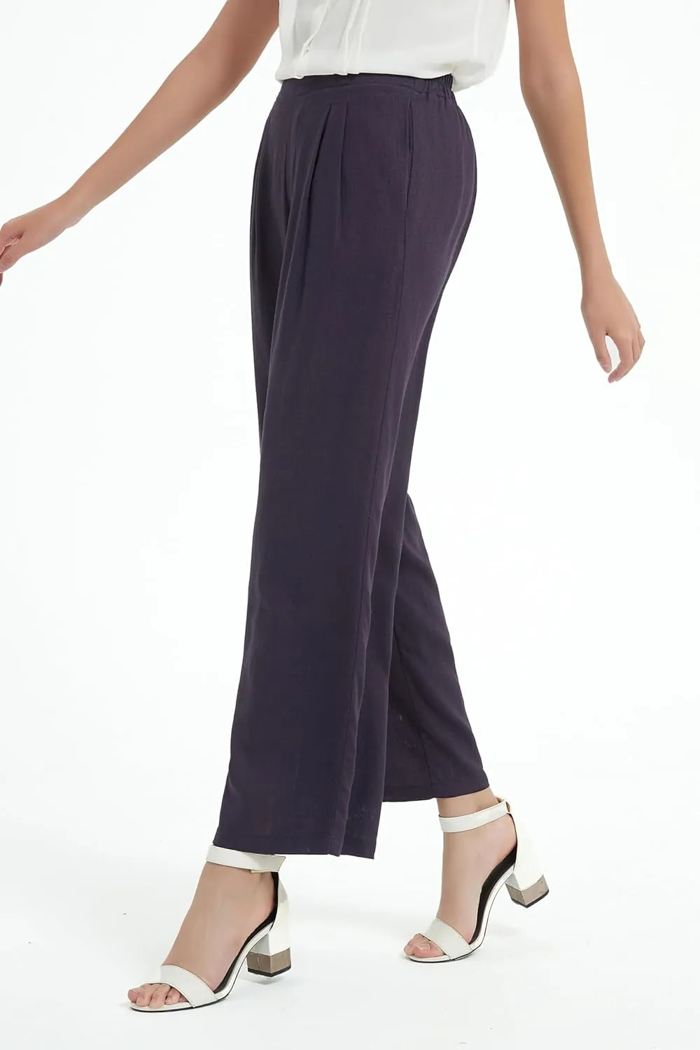 Womens Cotton Linen Wide Leg Pants Summer Flowy Beach Casual Loose Trousers with Pockets