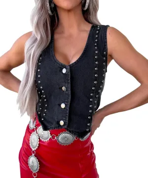 Women's Denim Corset Top Vintage Sleeveless Button Down Studded Low Cut Strapless Cropped Jean Vest