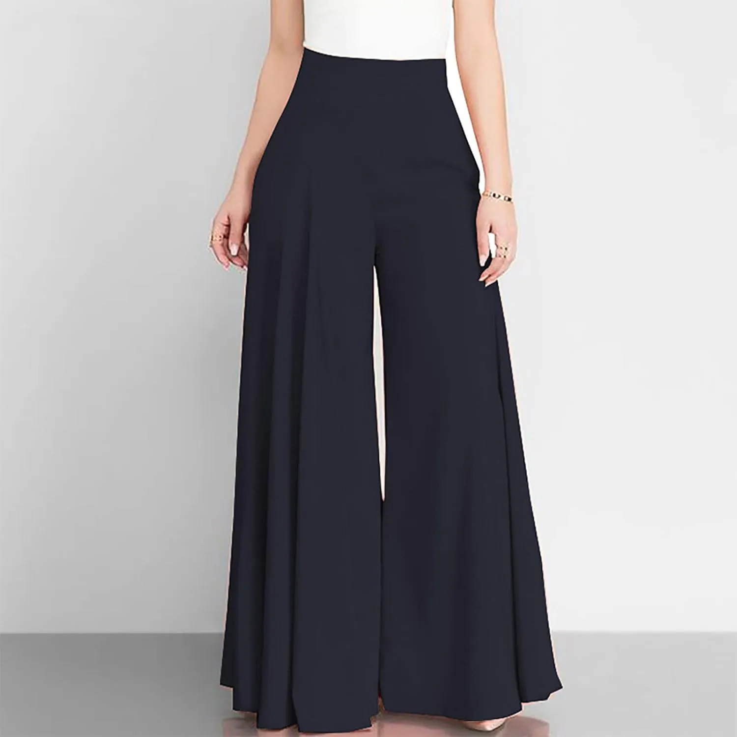 Womens Dressy Wide Leg Pants Elastic High Waist Flowy Baggy Bottom Trousers Ladies Elegant Long Lounge Palazzo Pants