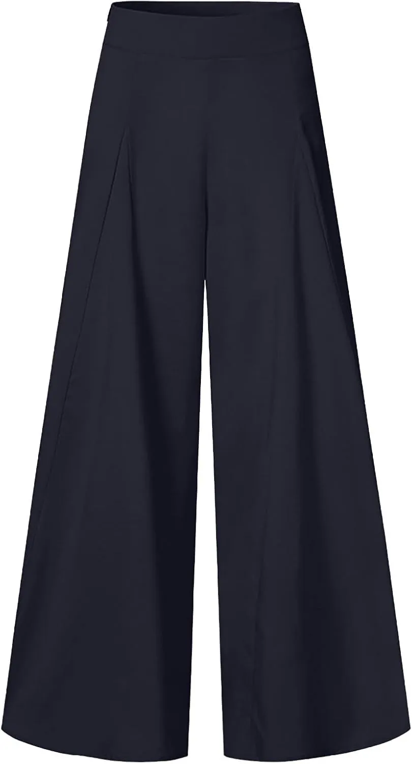 Womens Dressy Wide Leg Pants Elastic High Waist Flowy Baggy Bottom Trousers Ladies Elegant Long Lounge Palazzo Pants