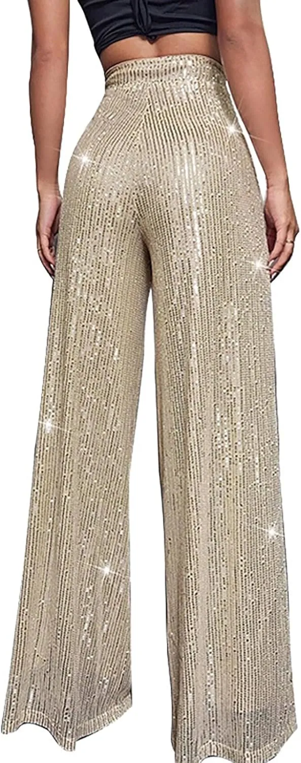 Women's Glitter Wide Leg Pants Women's Solid Color Sequins Fashion Casual Straight Pants Casual Loose Long Pant