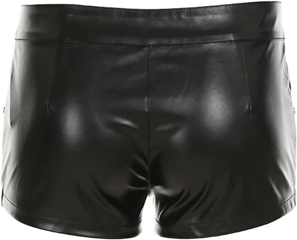 Womens Glossy PU Leather Hot Pants Bodycon Fit Nightclub Partywear with Side Zipper Edgy Design