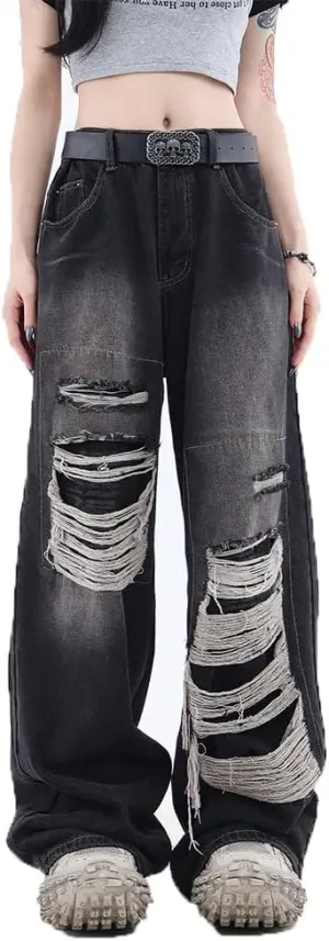 Women's Gothic Ripped Jeans High Waist Hip-Hop Vintage Y2k Denim Pants Oversize Harajuku Beggy Wide Leg Jeans