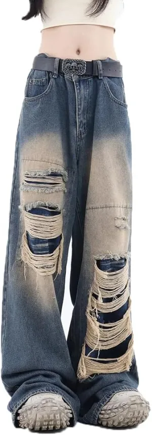 Women's Gothic Ripped Jeans High Waist Hip-Hop Vintage Y2k Denim Pants Oversize Harajuku Beggy Wide Leg Jeans