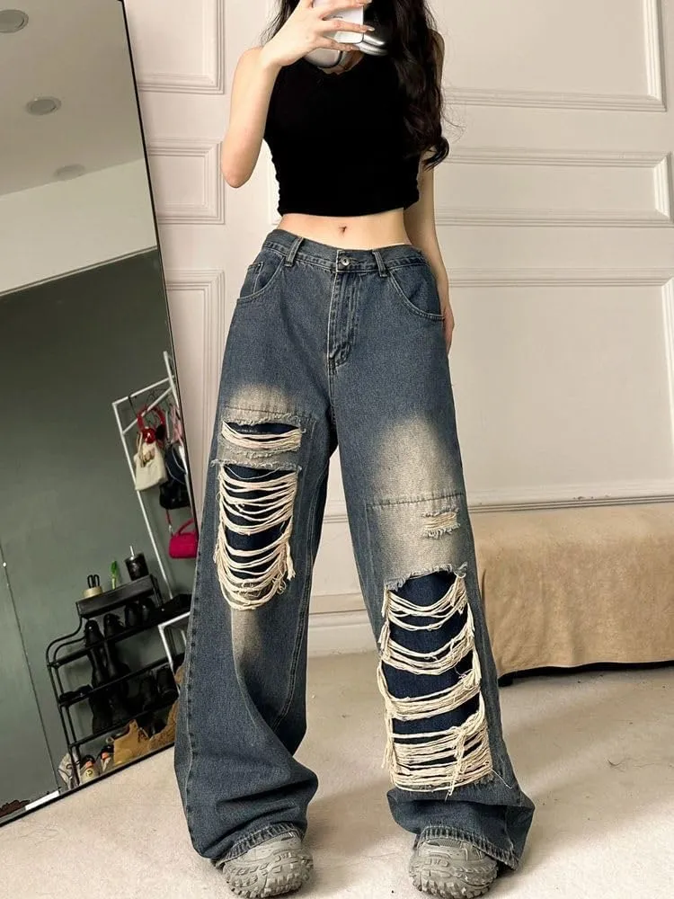 Women's Gothic Ripped Jeans High Waist Hip-Hop Vintage Y2k Denim Pants Oversize Harajuku Beggy Wide Leg Jeans