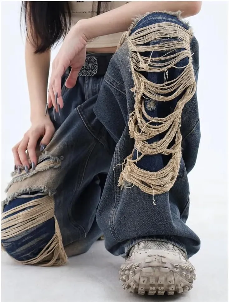 Women's Gothic Ripped Jeans High Waist Hip-Hop Vintage Y2k Denim Pants Oversize Harajuku Beggy Wide Leg Jeans