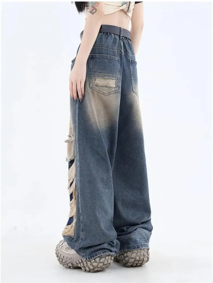 Women's Gothic Ripped Jeans High Waist Hip-Hop Vintage Y2k Denim Pants Oversize Harajuku Beggy Wide Leg Jeans