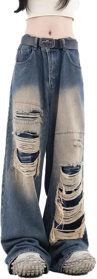 Women's Gothic Ripped Jeans High Waist Hip-Hop Vintage Y2k Denim Pants Oversize Harajuku Beggy Wide Leg Jeans