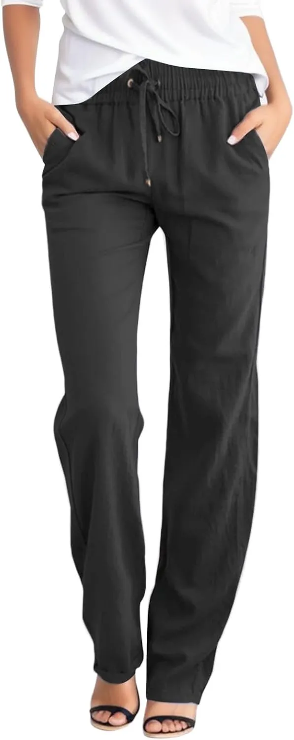 Womens High Waist Linen Pants Lightweight Summer Baggy Casual Pants Drawstring Straight Leg Trousers with Pockets