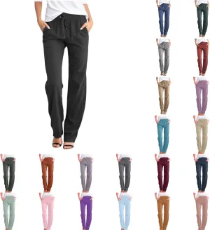 Womens High Waist Linen Pants Lightweight Summer Baggy Casual Pants Drawstring Straight Leg Trousers with Pockets
