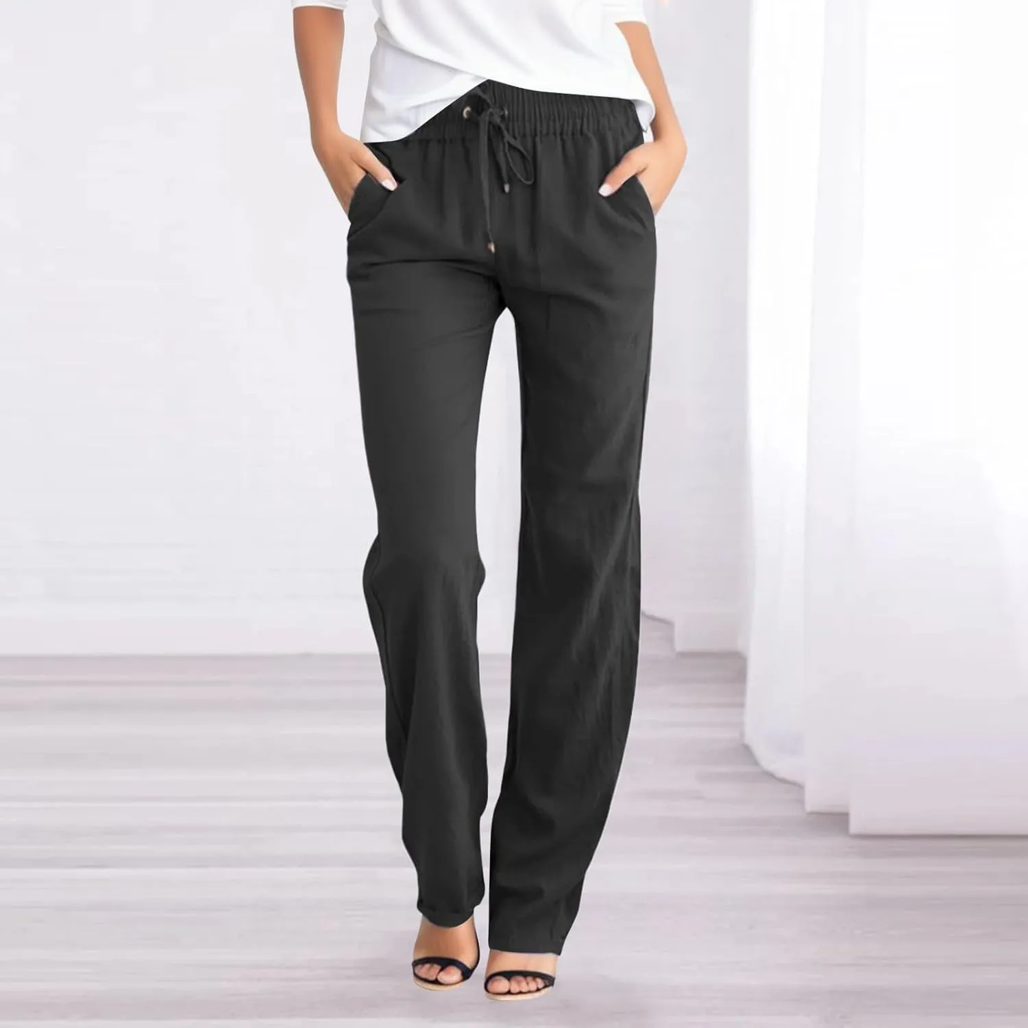 Womens High Waist Linen Pants Lightweight Summer Baggy Casual Pants Drawstring Straight Leg Trousers with Pockets