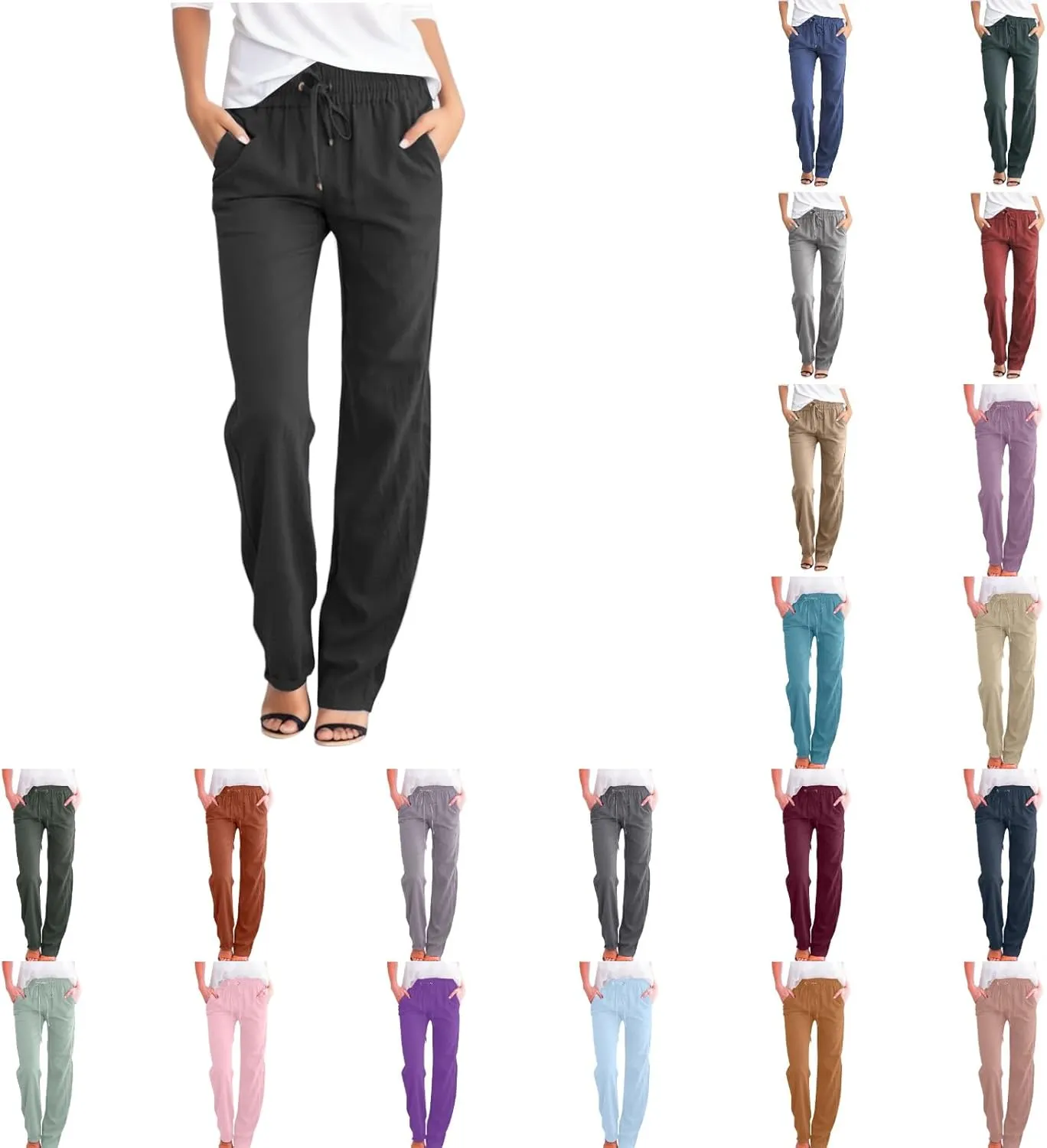 Womens High Waist Linen Pants Lightweight Summer Baggy Casual Pants Drawstring Straight Leg Trousers with Pockets