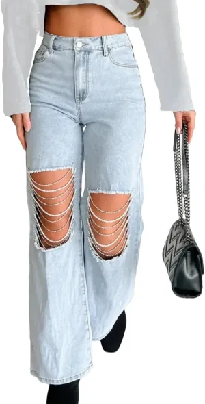 Womens High Waist Ripped Jeans Sexy Pearl Chains Rhinestones Straight Leg Stretch Distressed Denim Pants