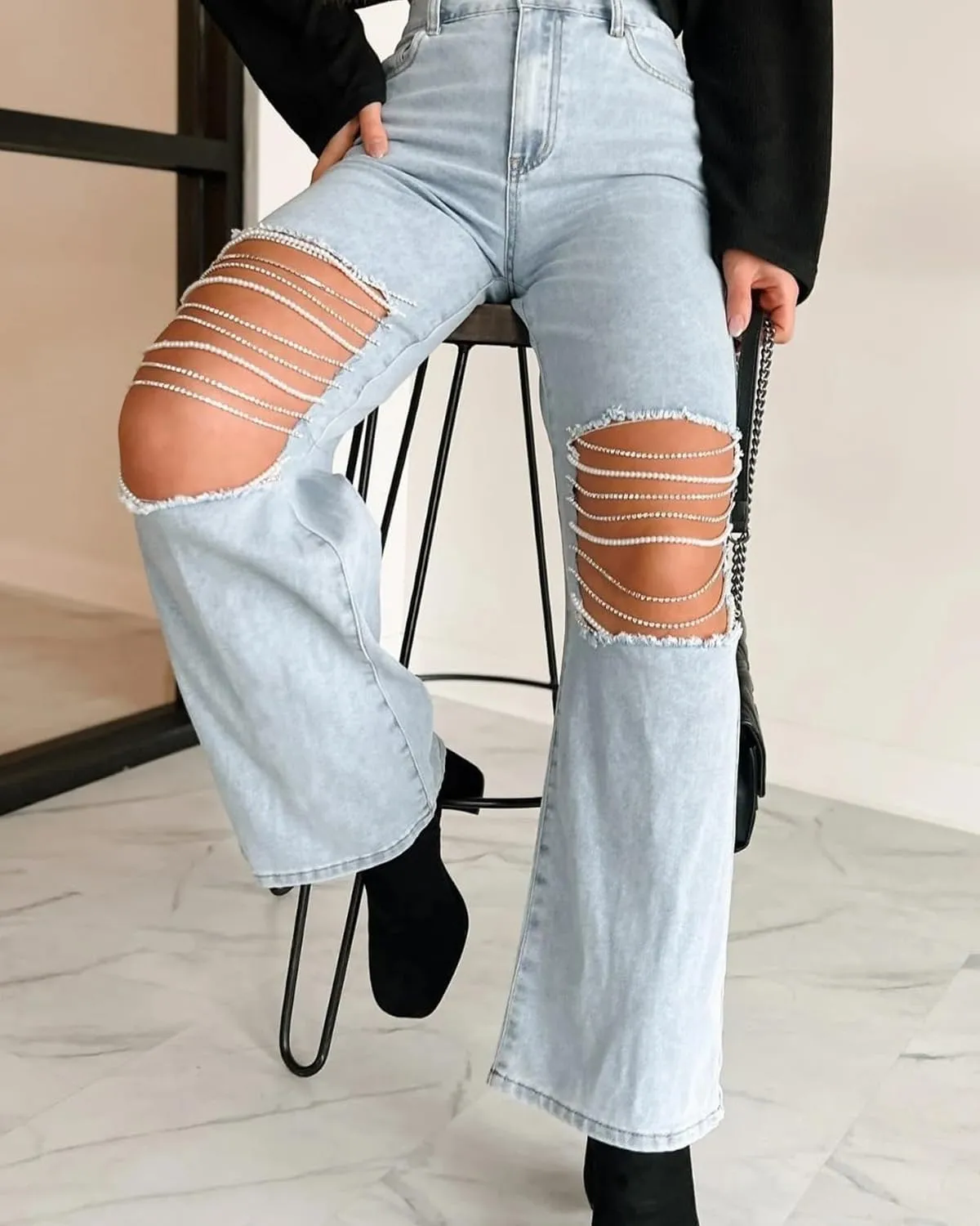 Womens High Waist Ripped Jeans Sexy Pearl Chains Rhinestones Straight Leg Stretch Distressed Denim Pants