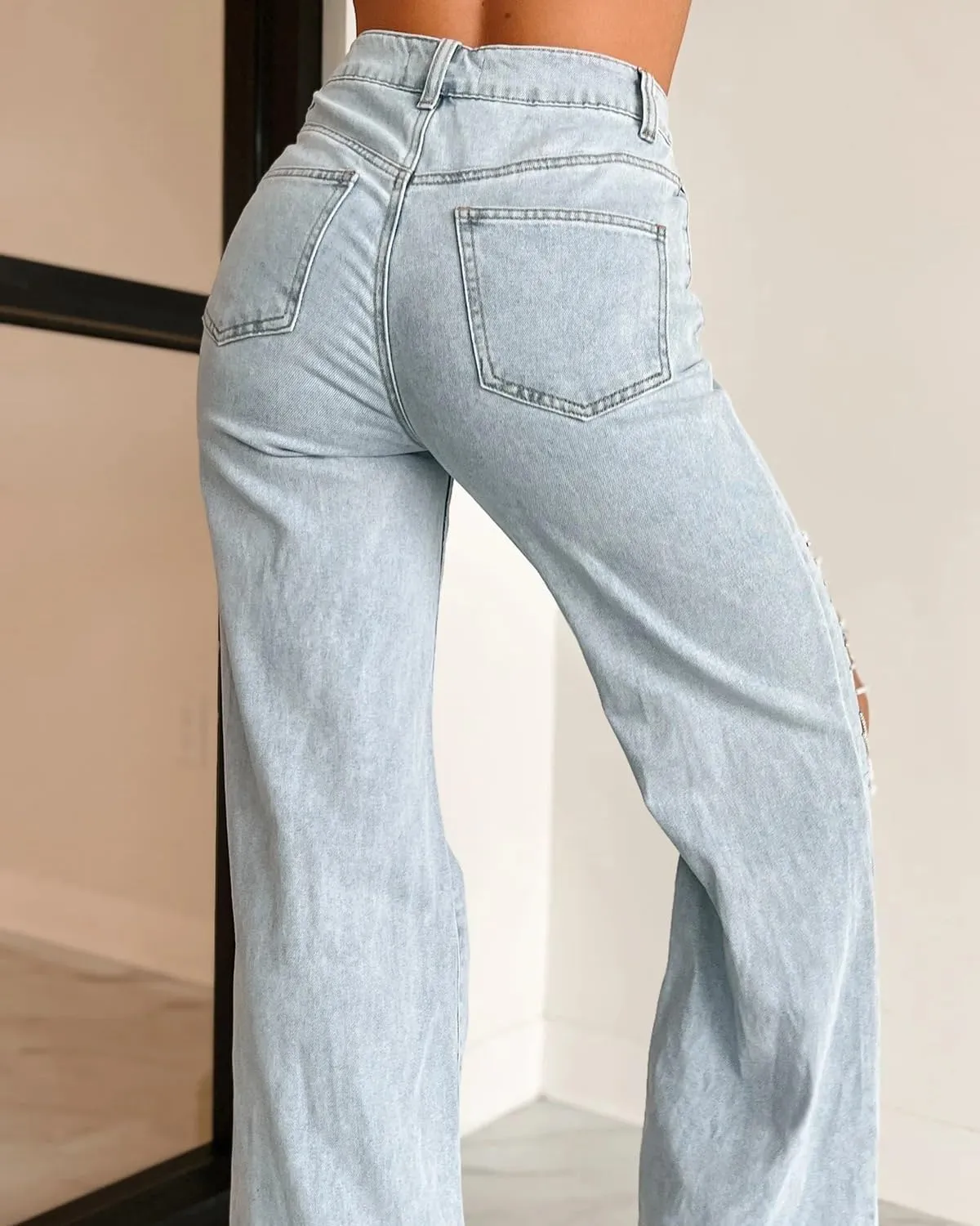 Womens High Waist Ripped Jeans Sexy Pearl Chains Rhinestones Straight Leg Stretch Distressed Denim Pants
