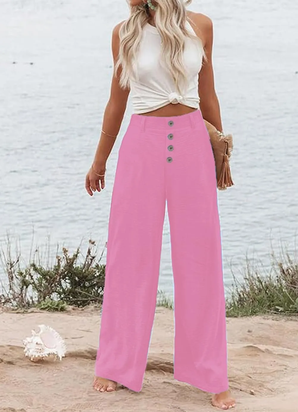 Womens High Waisted Wide Leg Palazzo Pants Casual Lounge Boho Flowy Pants with Pockets