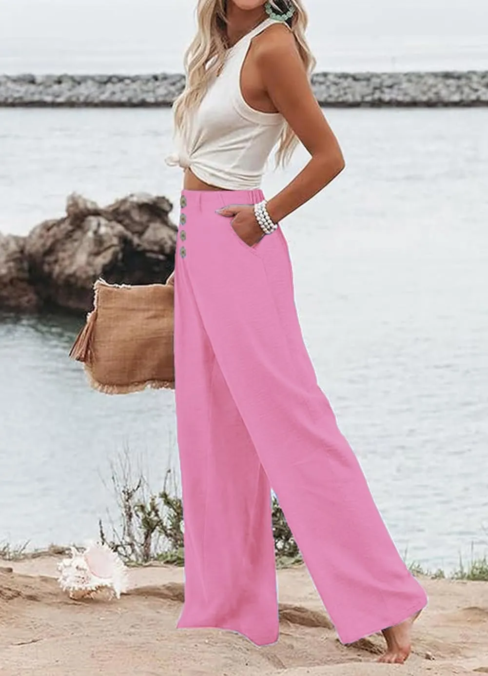 Womens High Waisted Wide Leg Palazzo Pants Casual Lounge Boho Flowy Pants with Pockets