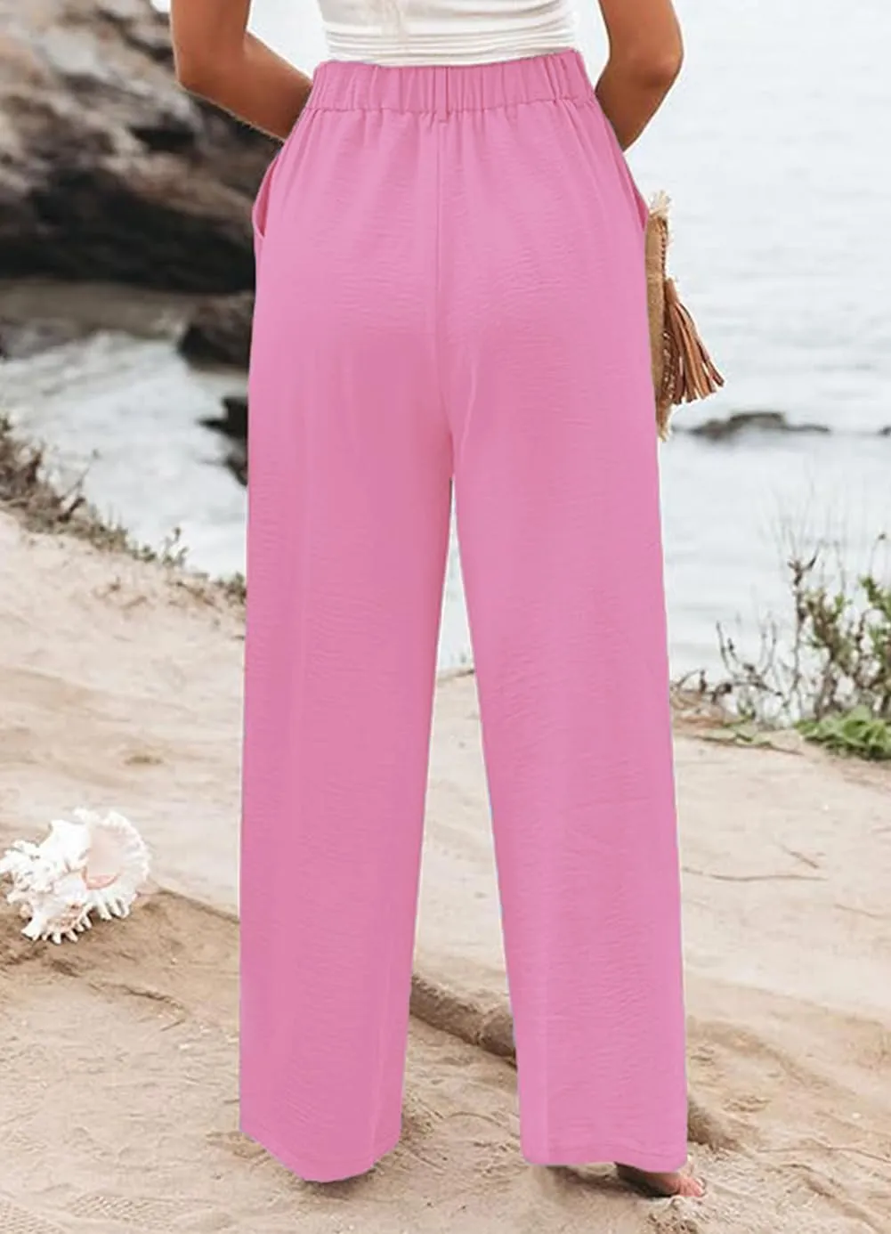 Womens High Waisted Wide Leg Palazzo Pants Casual Lounge Boho Flowy Pants with Pockets