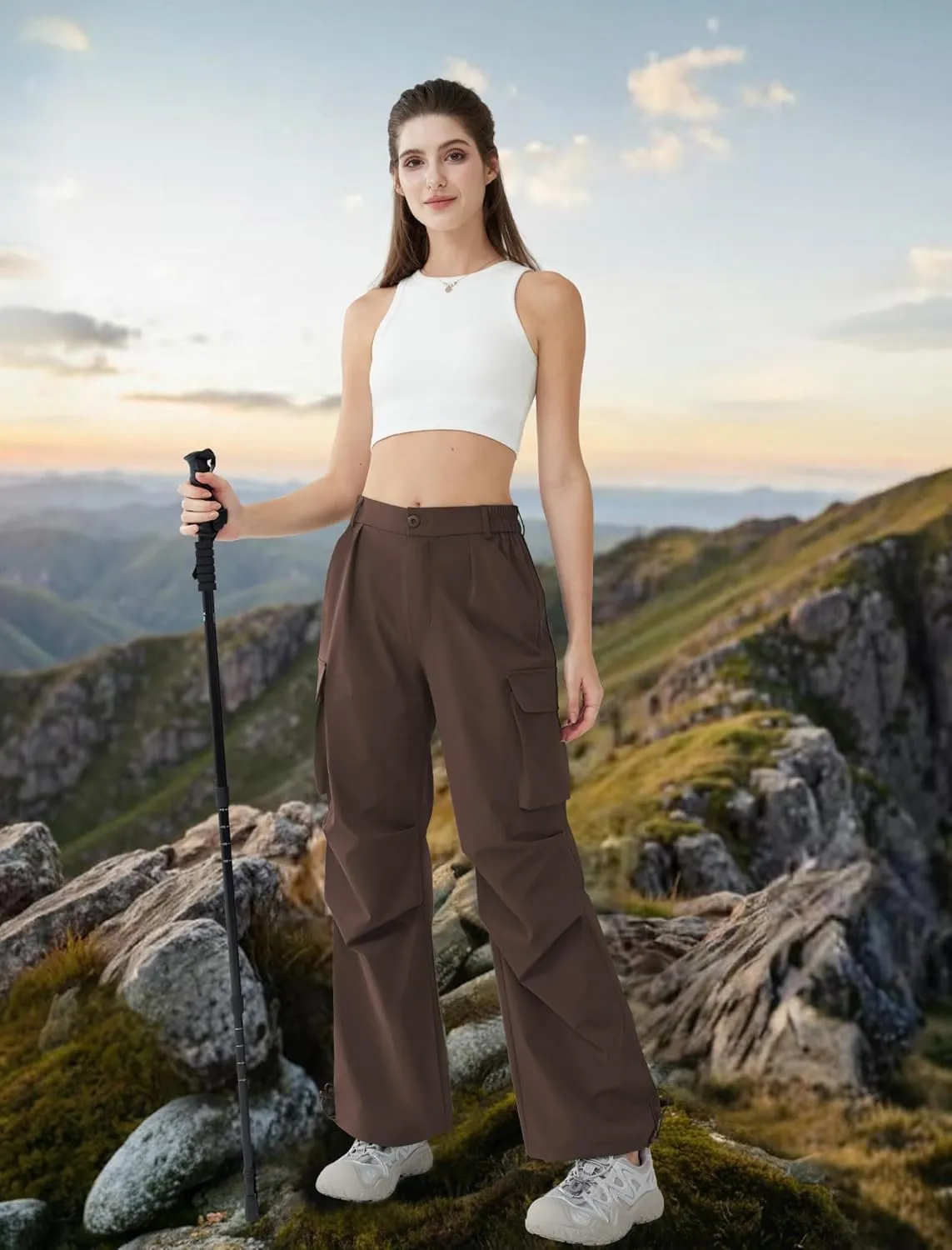 Womens Hiking Pants Wide Leg Cargo Pants Quick Dry Lightweight Water-Resistant Travel Casual Trousers with 4 Pockets
