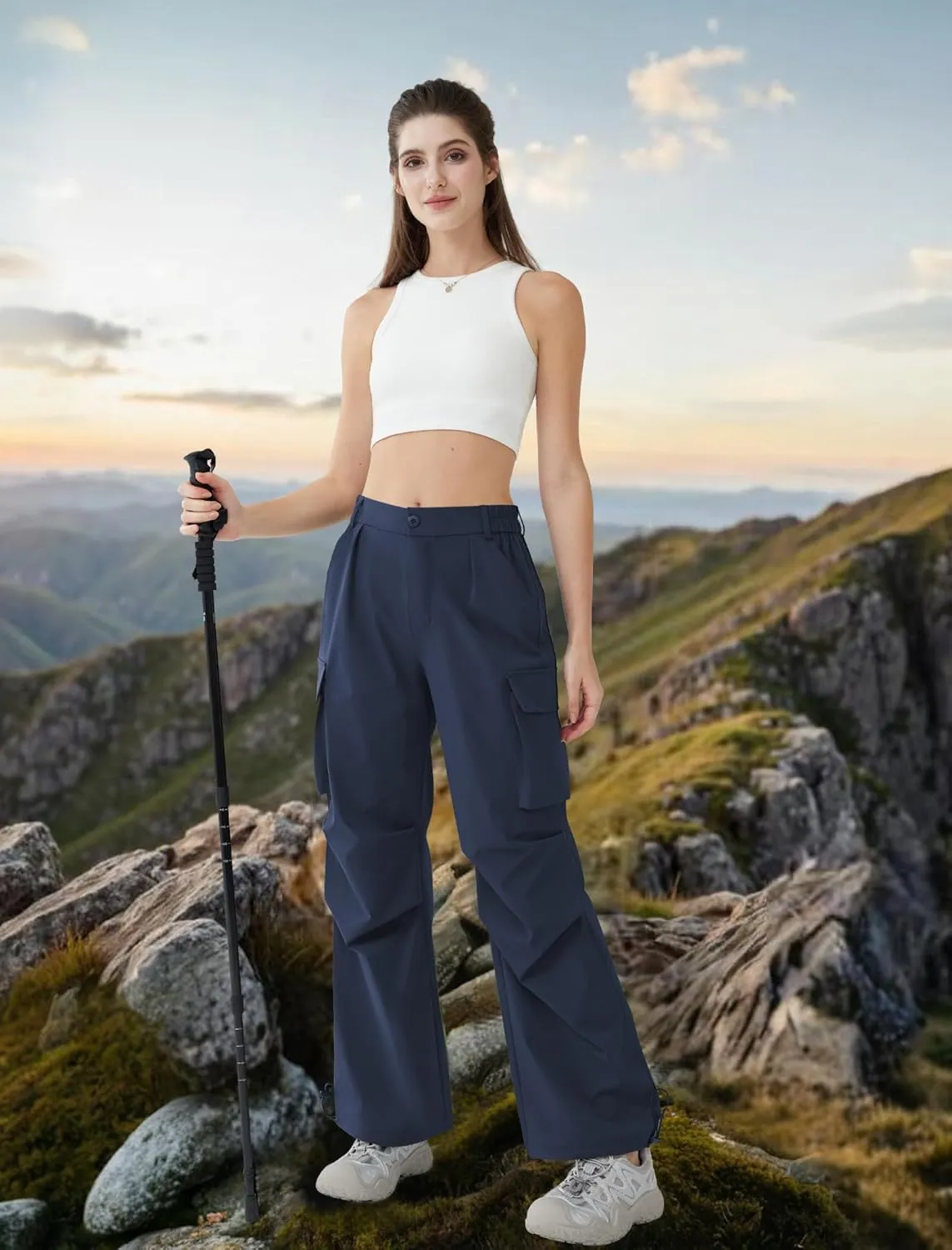 Womens Hiking Pants Wide Leg Cargo Pants Quick Dry Lightweight Water-Resistant Travel Casual Trousers with 4 Pockets
