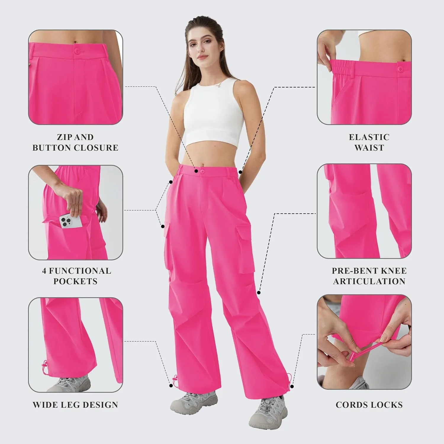 Womens Hiking Pants Wide Leg Cargo Pants Quick Dry Lightweight Water-Resistant Travel Casual Trousers with 4 Pockets