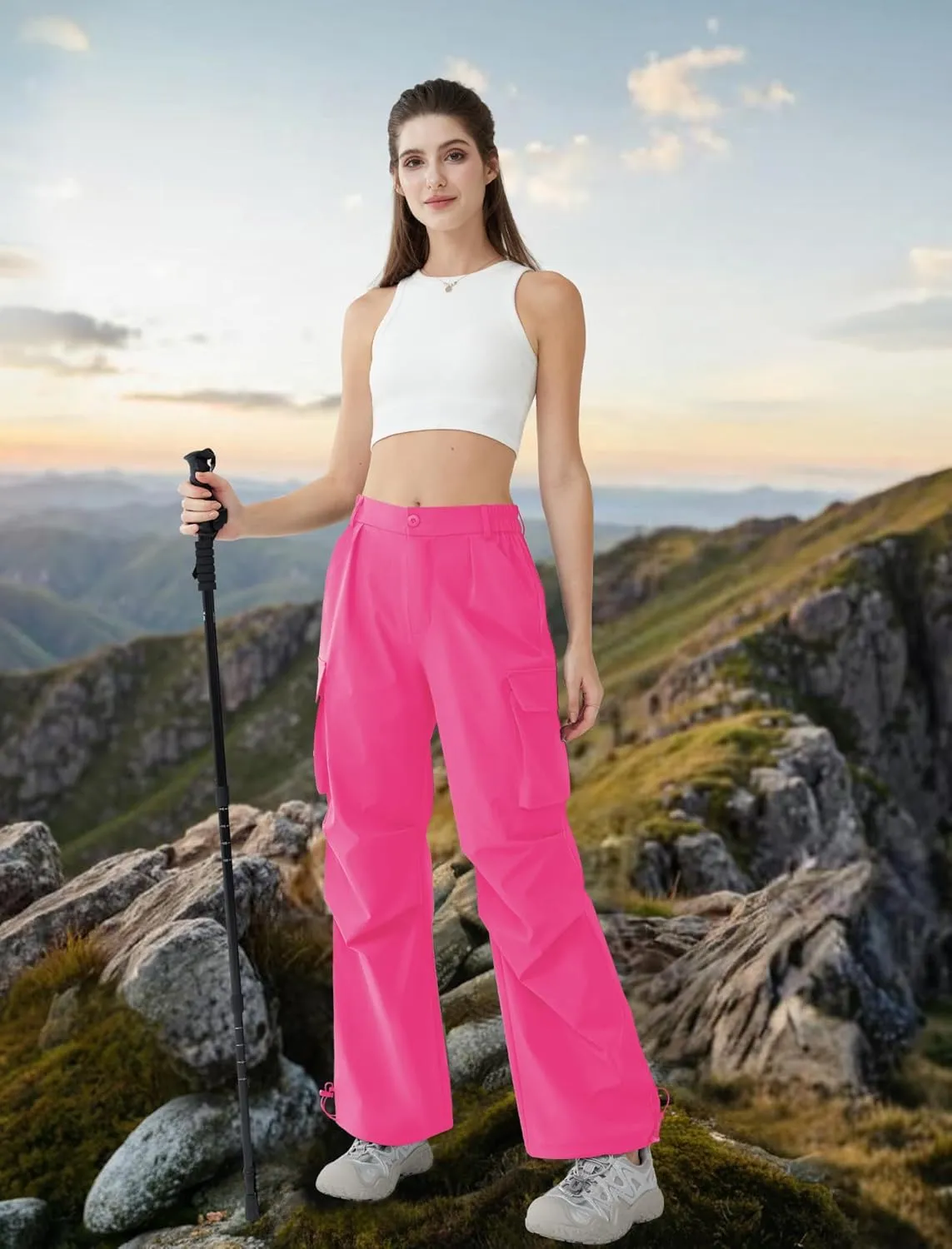Womens Hiking Pants Wide Leg Cargo Pants Quick Dry Lightweight Water-Resistant Travel Casual Trousers with 4 Pockets