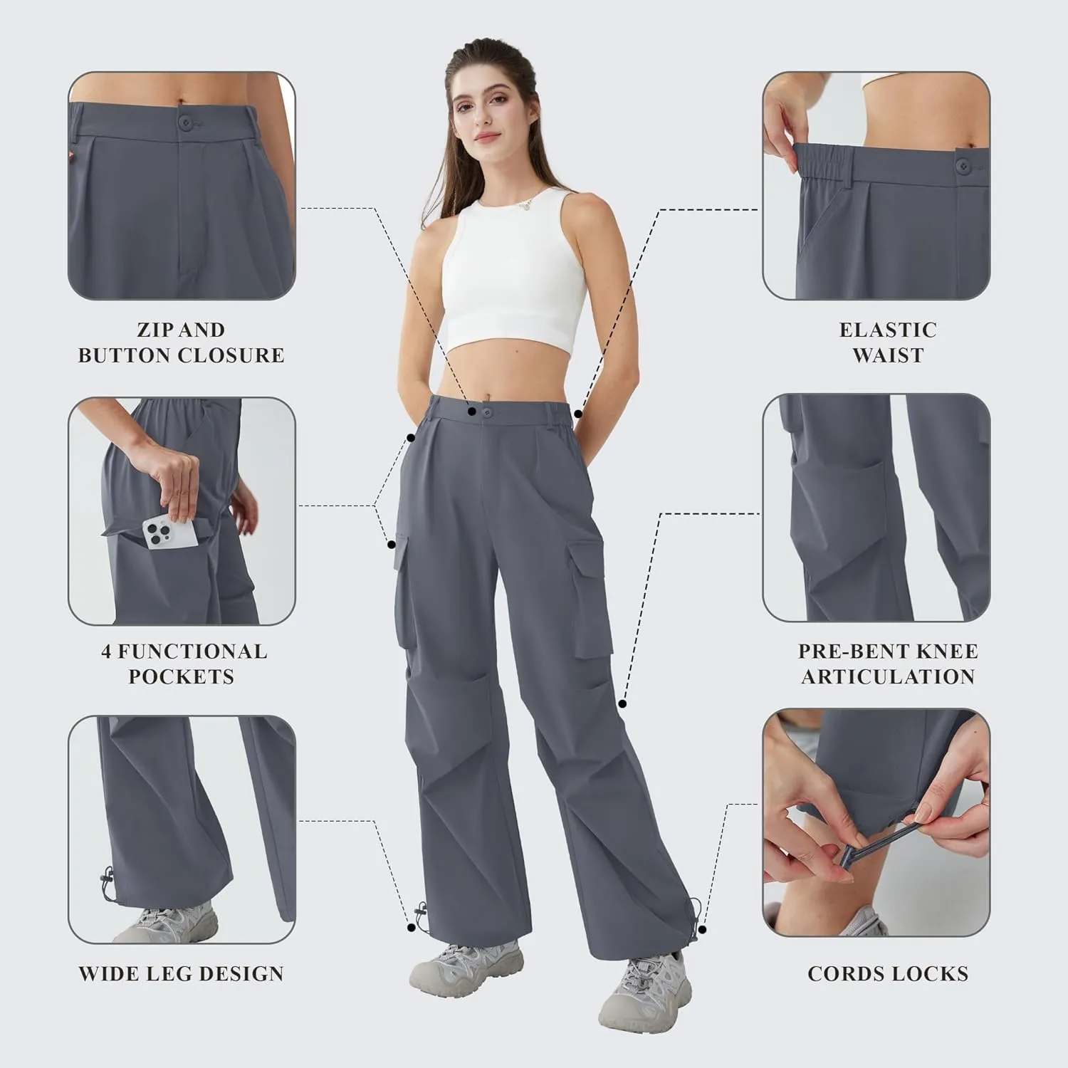 Womens Hiking Pants Wide Leg Cargo Pants Quick Dry Lightweight Water-Resistant Travel Casual Trousers with 4 Pockets