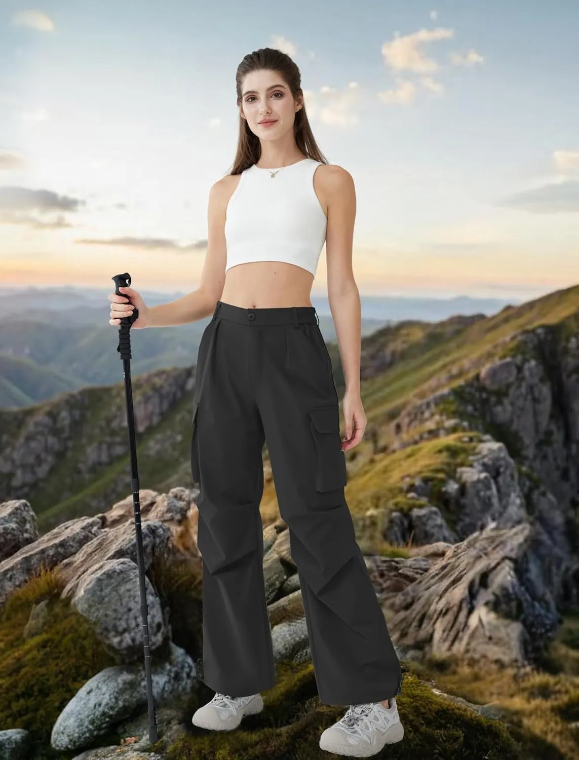 Womens Hiking Pants Wide Leg Cargo Pants Quick Dry Lightweight Water-Resistant Travel Casual Trousers with 4 Pockets