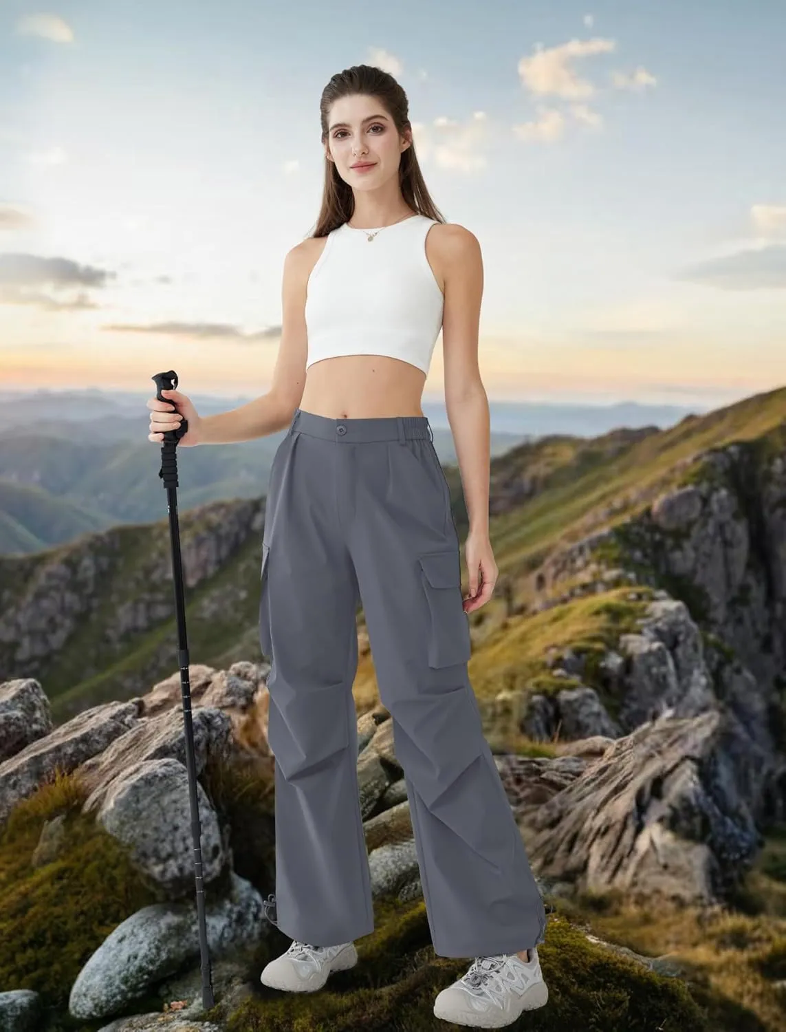 Womens Hiking Pants Wide Leg Cargo Pants Quick Dry Lightweight Water-Resistant Travel Casual Trousers with 4 Pockets