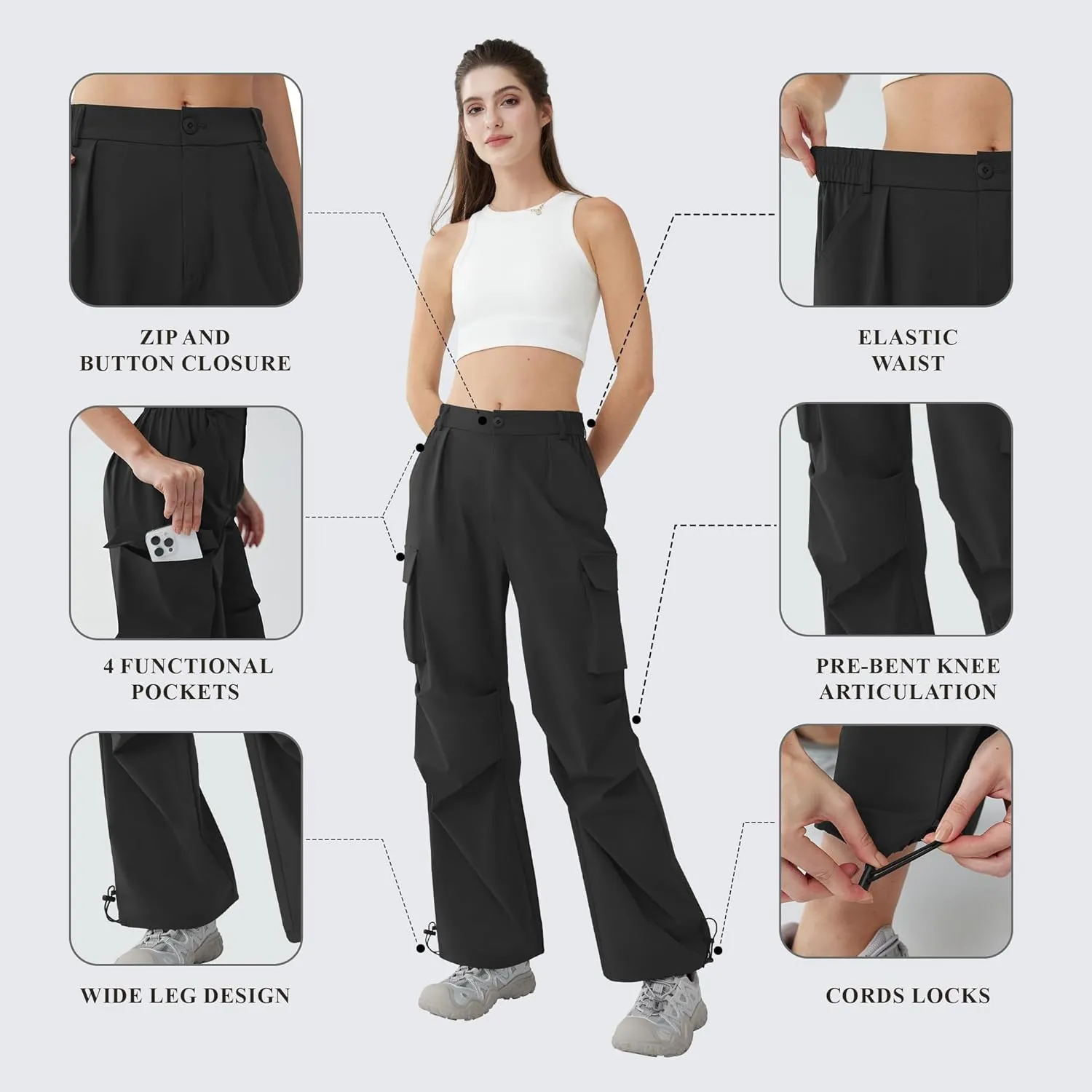 Womens Hiking Pants Wide Leg Cargo Pants Quick Dry Lightweight Water-Resistant Travel Casual Trousers with 4 Pockets