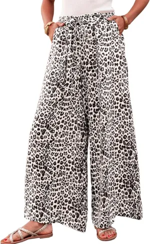 Women's Leopard Print Palazo Pants Drawstring High Waist Wide Leg Beach Lounge Pants Trousers
