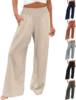 Womens Linen Pants 2025 Summer Casual High Waisted Wide Leg Pants Lightweight Flowy Beach Palazzo Pants with Pockets