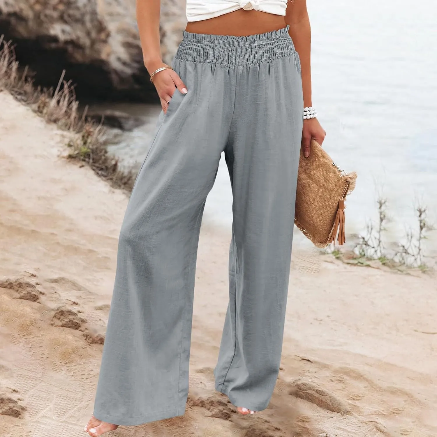 Womens Linen Pants 2025 Summer Casual High Waisted Wide Leg Pants Lightweight Flowy Beach Palazzo Pants with Pockets