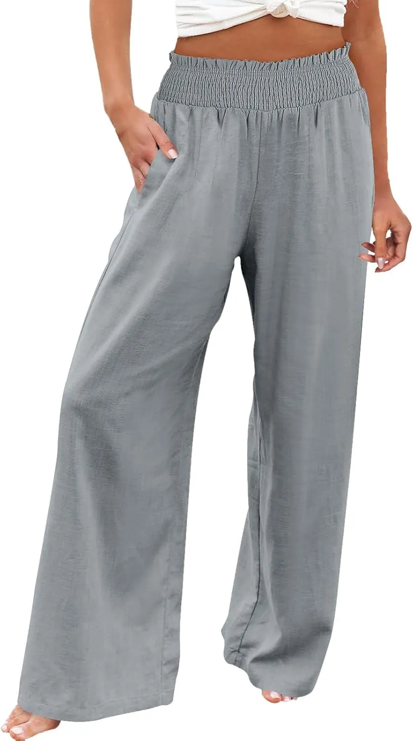 Womens Linen Pants 2025 Summer Casual High Waisted Wide Leg Pants Lightweight Flowy Beach Palazzo Pants with Pockets