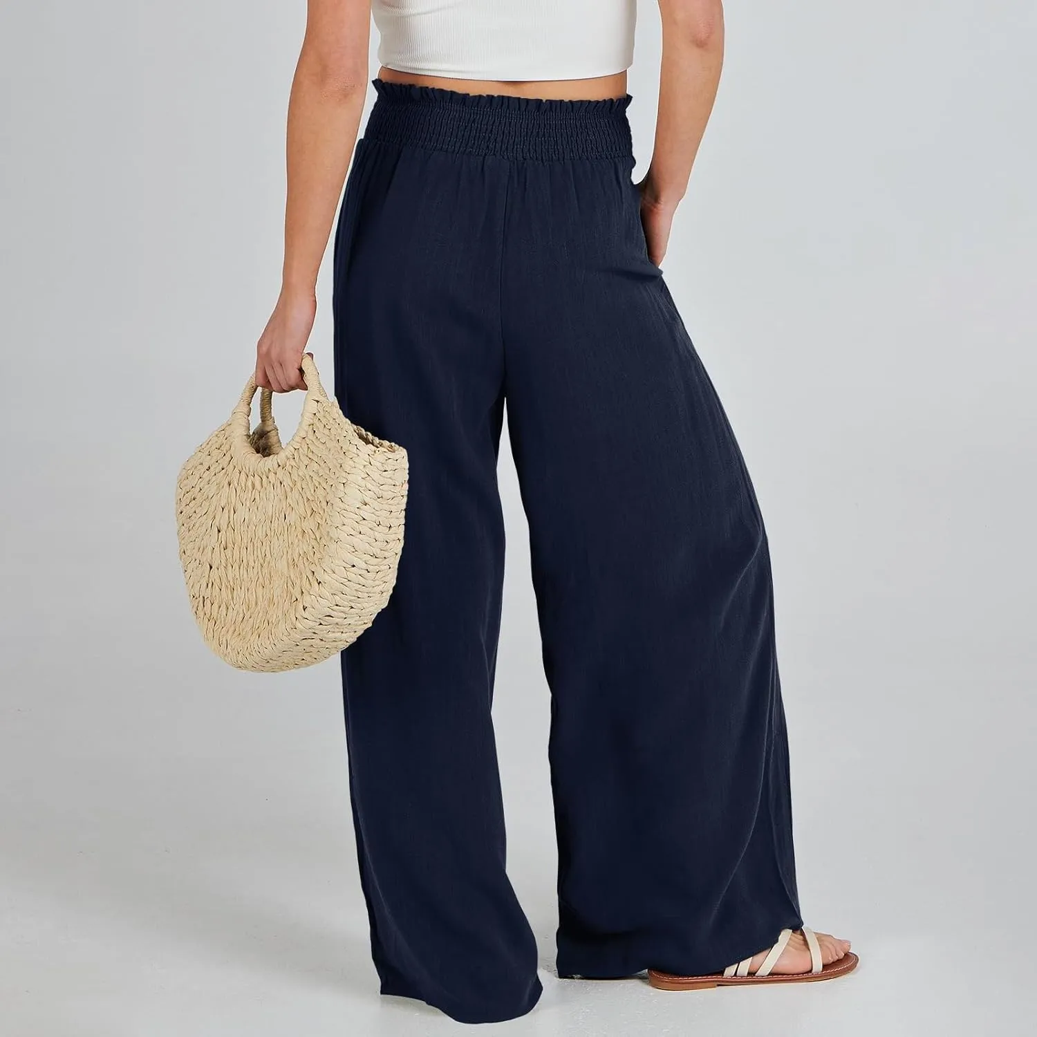 Womens Linen Pants 2025 Summer Casual High Waisted Wide Leg Pants Lightweight Flowy Beach Palazzo Pants with Pockets