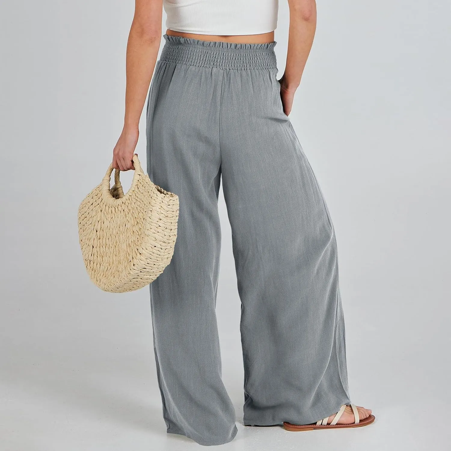 Womens Linen Pants 2025 Summer Casual High Waisted Wide Leg Pants Lightweight Flowy Beach Palazzo Pants with Pockets